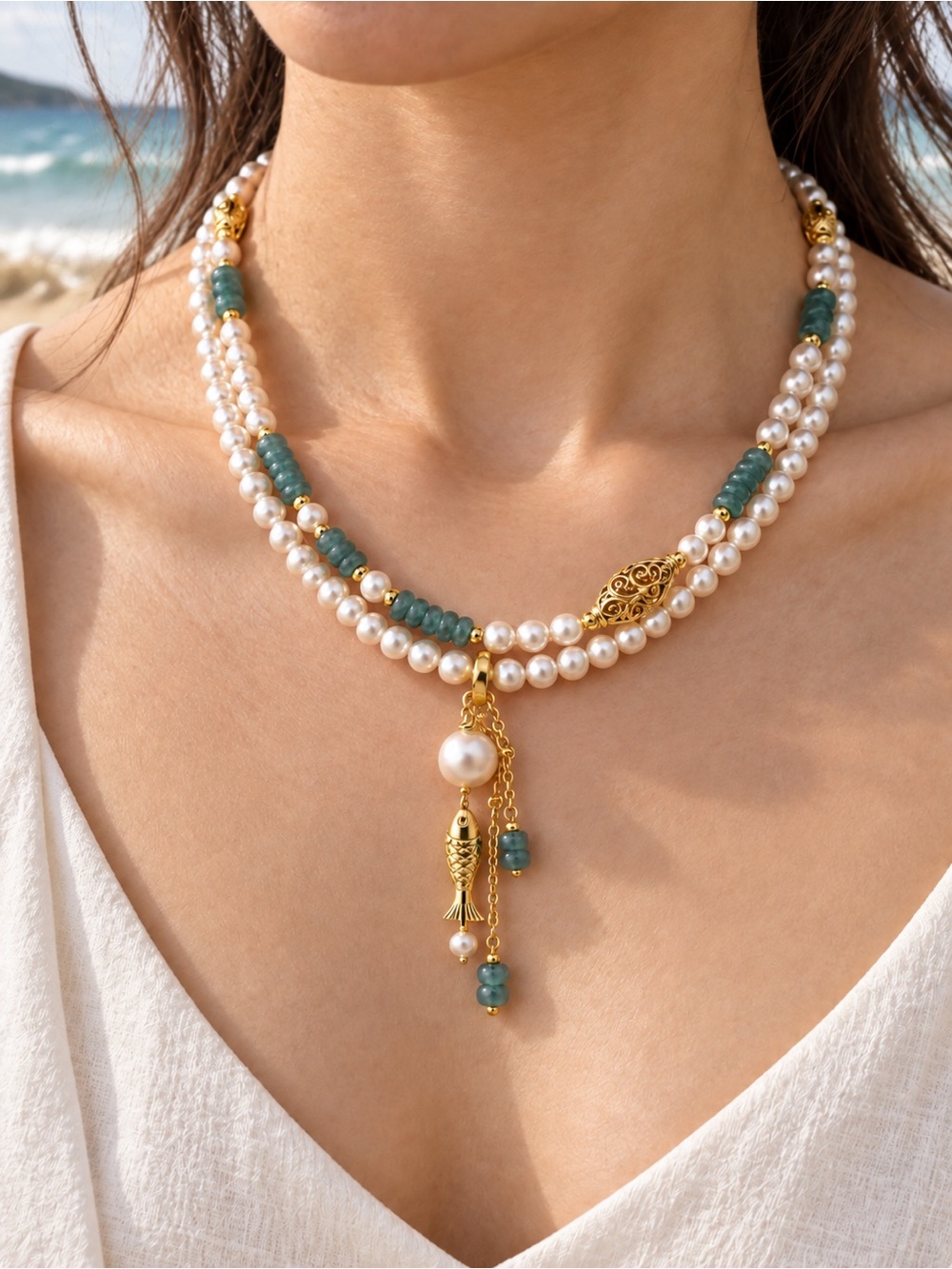 Edel Jade and Pearl Fish Necklace